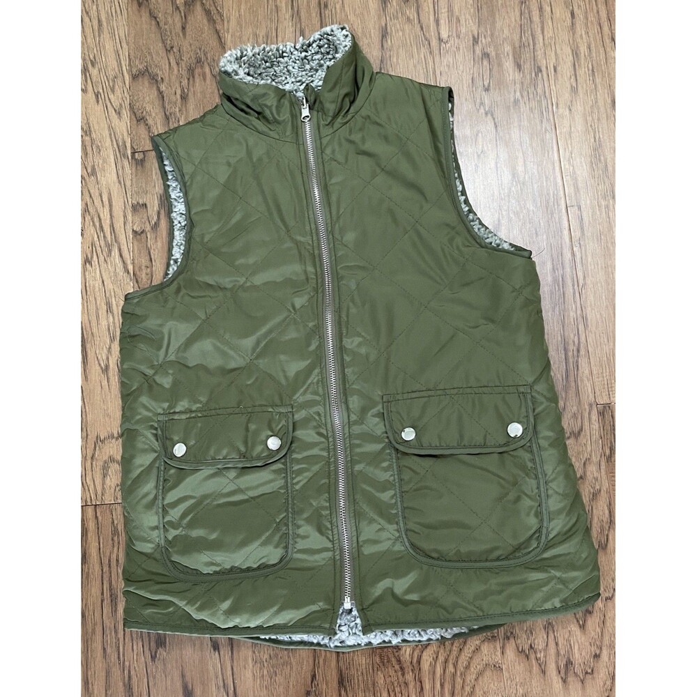 Entro Olive Green & Gray Sherpa Reversible Vest Pockets Metal Zipper Size small